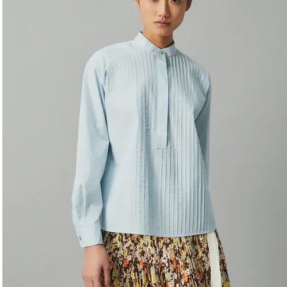 Tory Burch Poplin Pleated Blouse Womens 4 Blue Quarter Button Long Sleeve Cotton - Picture 1 of 10